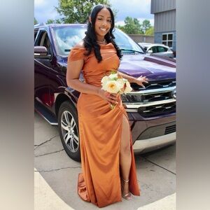 Off The Shoulder Elegant Long Dress with Split Burnt Orange